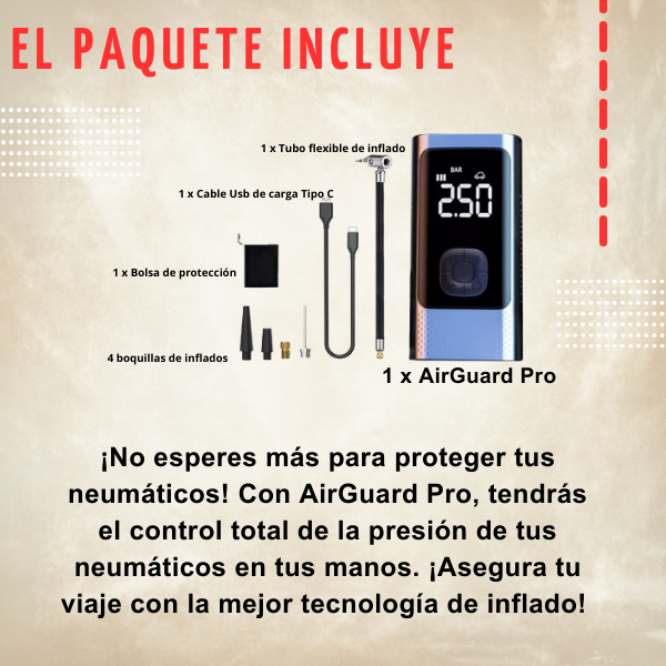 Inflador de llanta portátil AirGuard Pro - Cargador de carro de REGALO 🎁